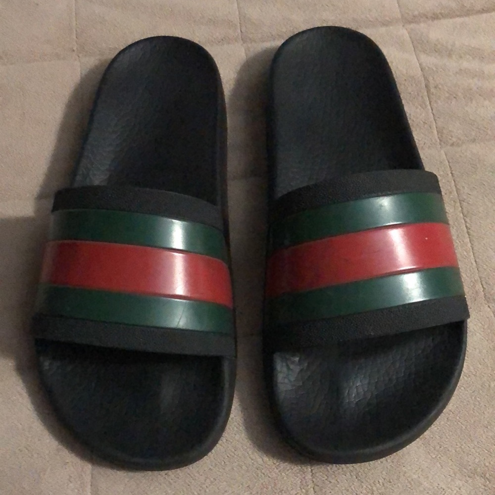 Men's Black Slide Sandals with Red and Green Stripes